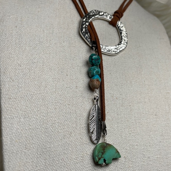 Turquoise Feather Pendant Lariat Necklace - Picture 6 of 7